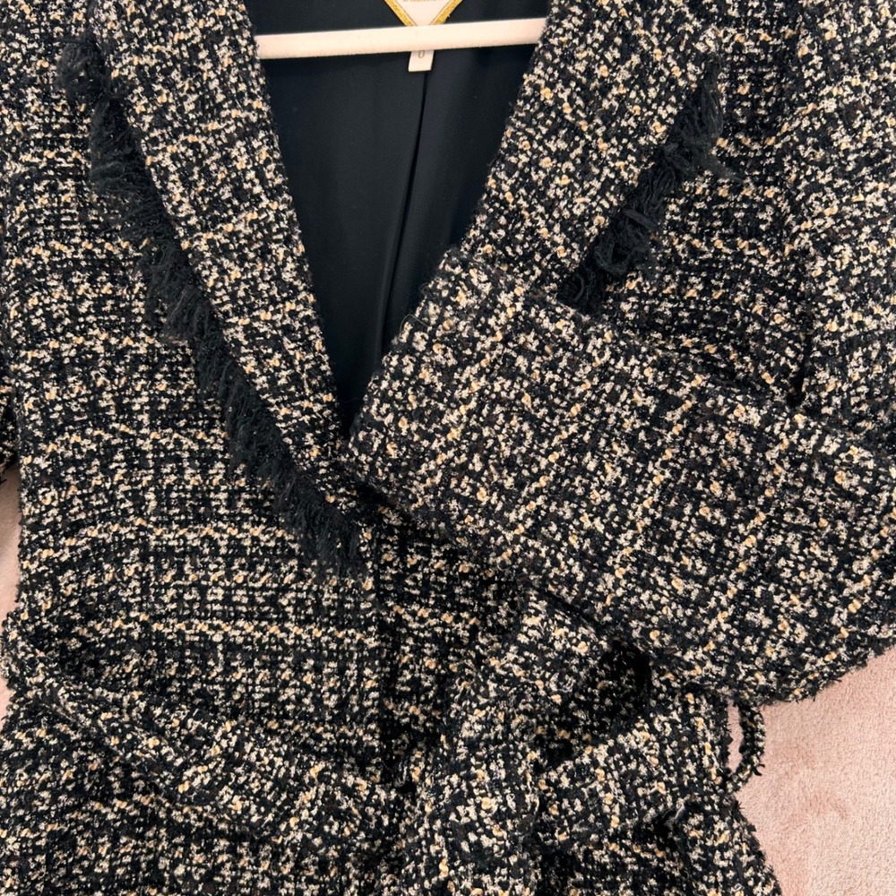 L'Agence Luba Tweed Fringe Belted Jacket Black Gold Wool Blend Size 0 - Picture 7 of 12